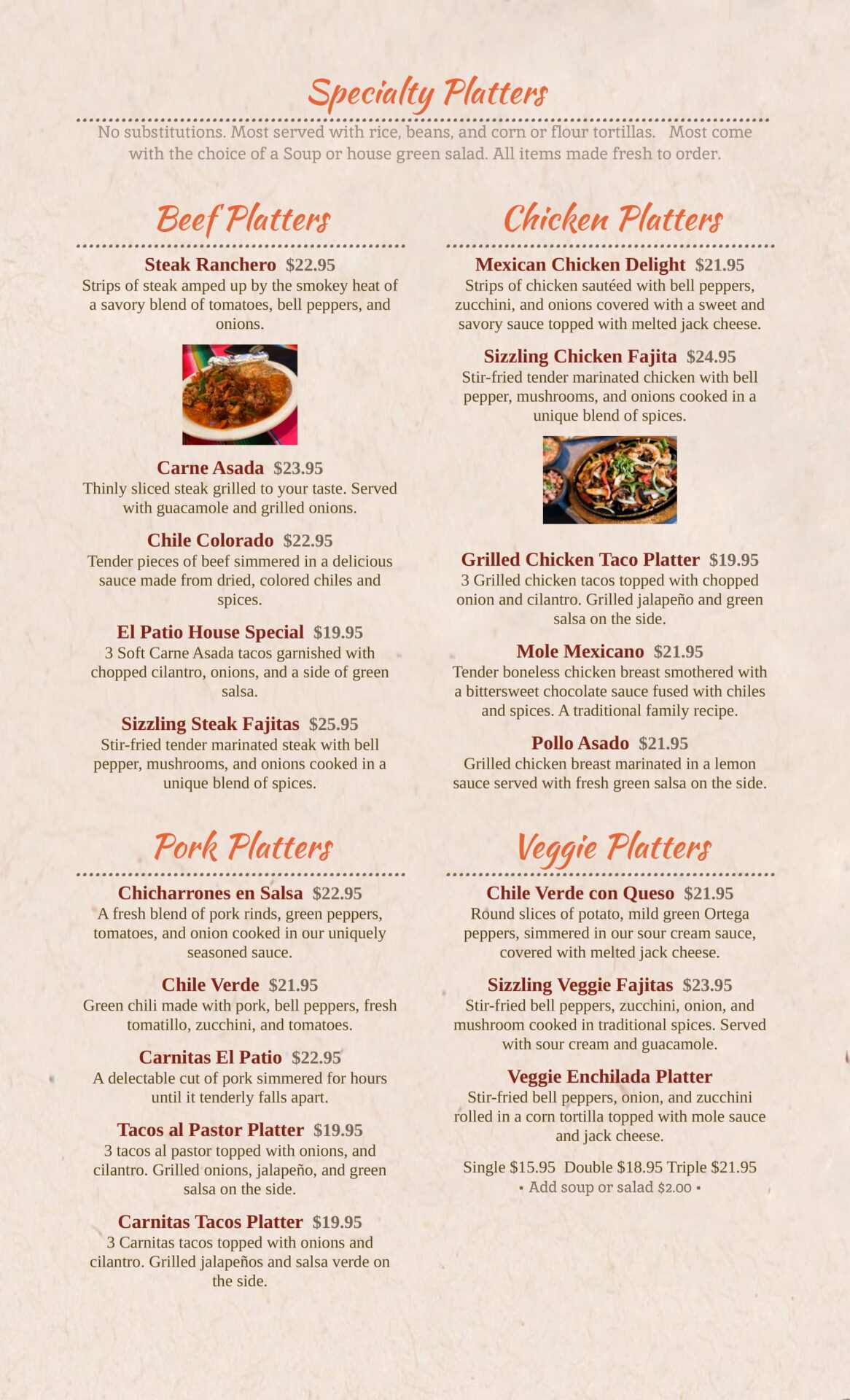 Specialty platters menu on display of the website