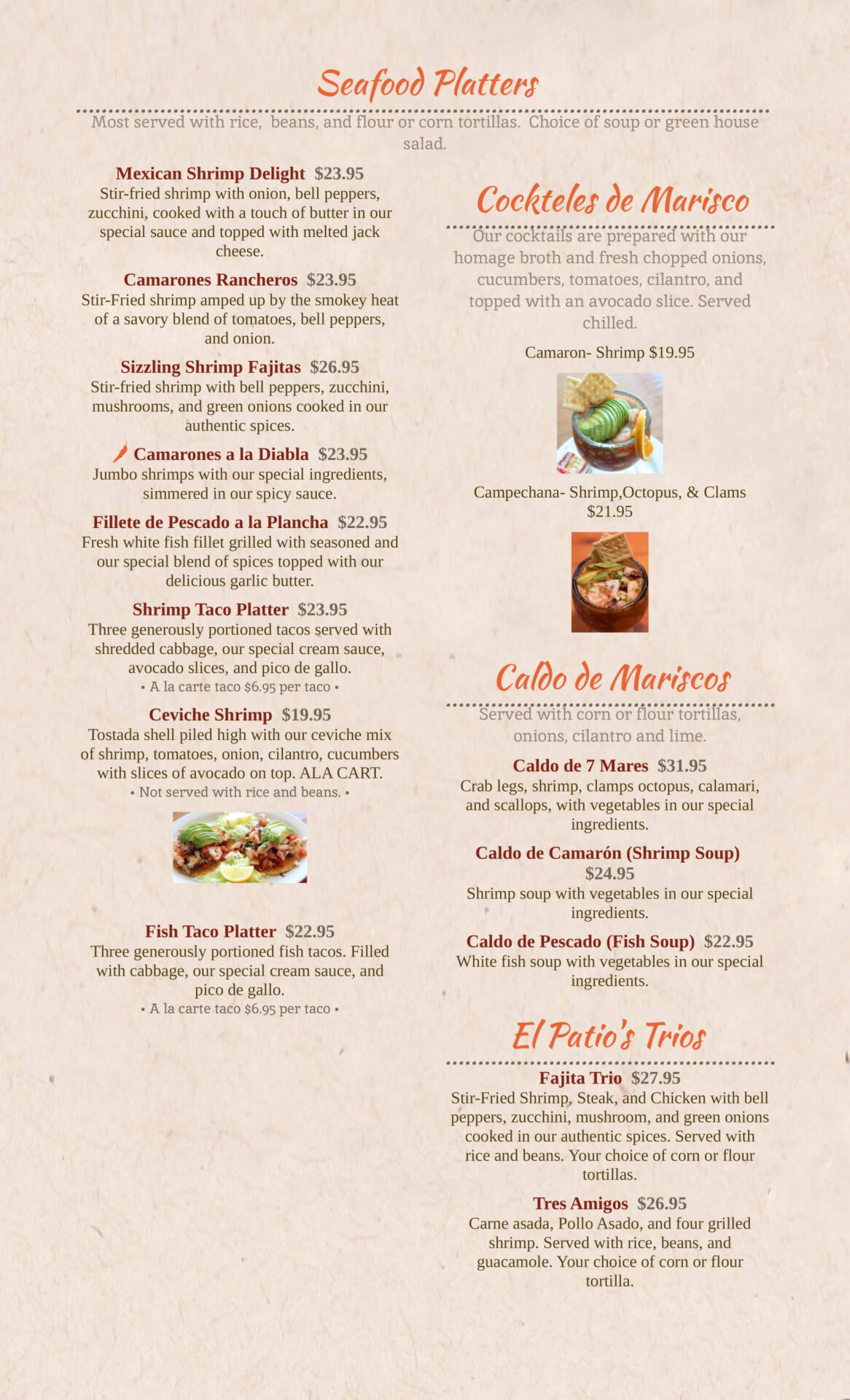 Seafood platters menu on display of the website