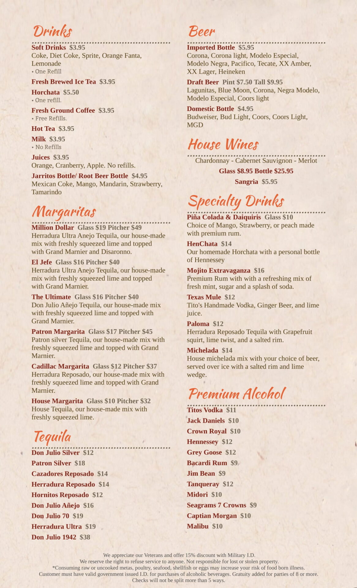 Drinks and alcohol menu on display of the website